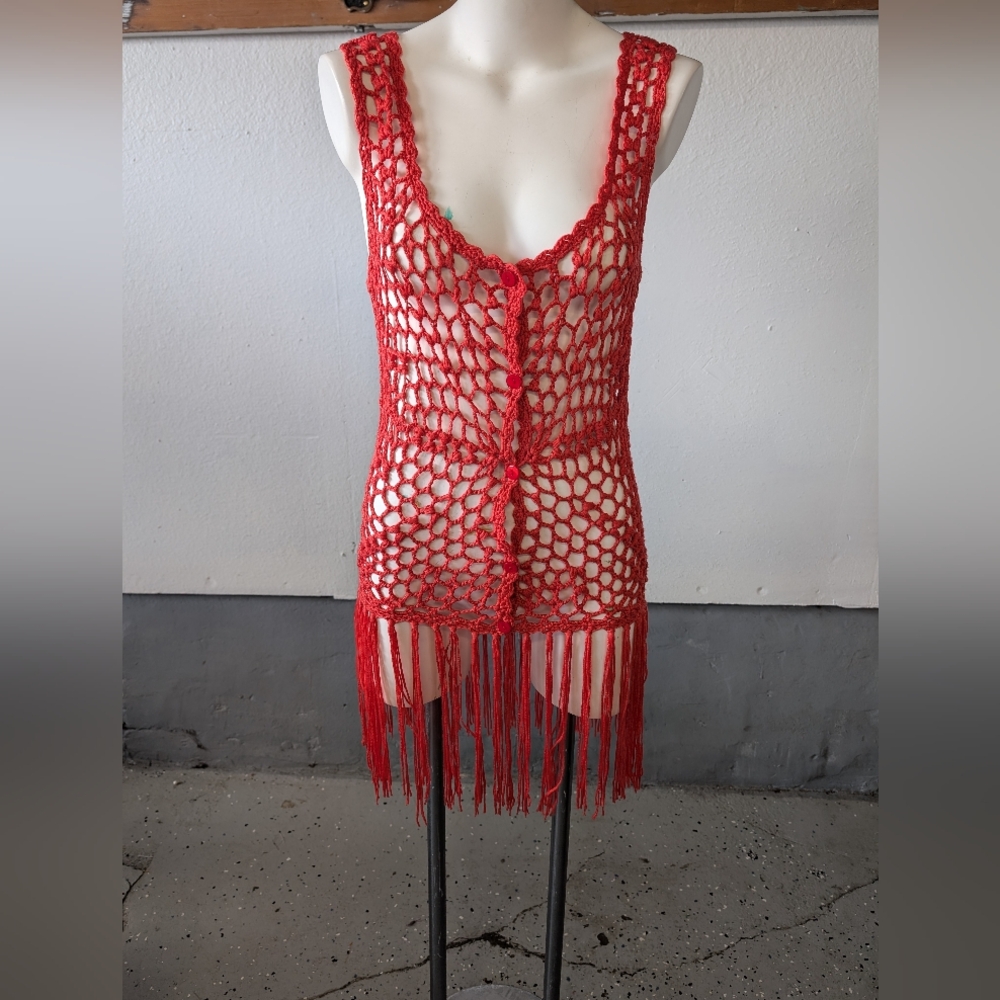 Alberto Makali Clover-Up Vest Crochet Fringe Orange Bohemian Trendy Sz L